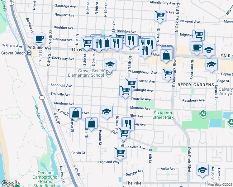 map of restaurants, bars, coffee shops, grocery stores, and more near 560 South 12th Street in Grover Beach