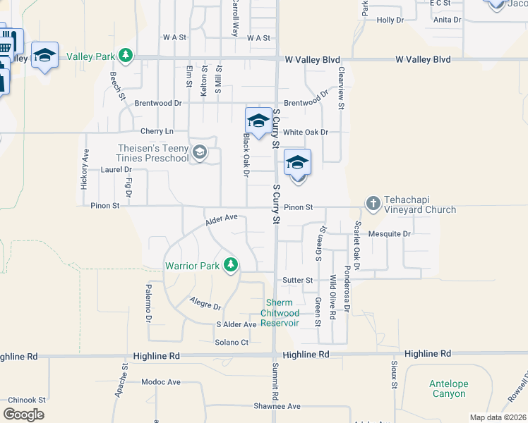 map of restaurants, bars, coffee shops, grocery stores, and more near 1201 South Curry Street in Tehachapi