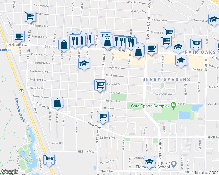 map of restaurants, bars, coffee shops, grocery stores, and more near 536 South 14th Street in Grover Beach
