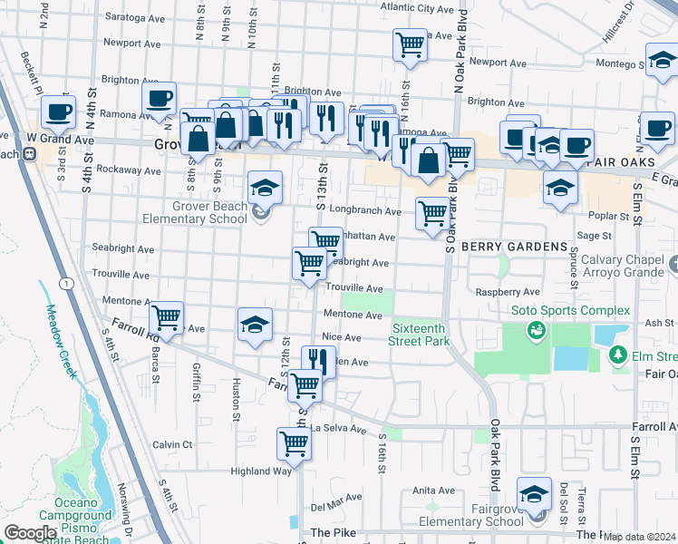 map of restaurants, bars, coffee shops, grocery stores, and more near 536 South 14th Street in Grover Beach