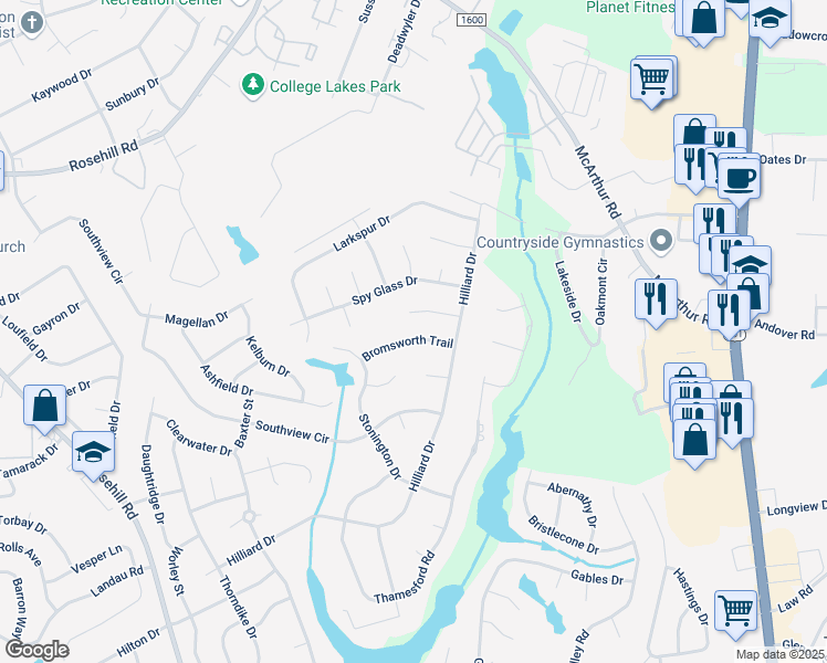 map of restaurants, bars, coffee shops, grocery stores, and more near 616 Bromsworth Trail in Fayetteville