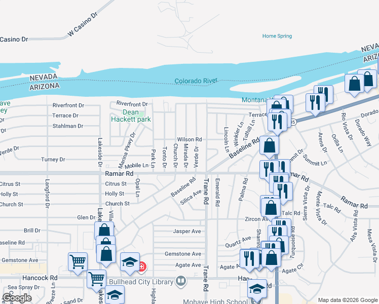 map of restaurants, bars, coffee shops, grocery stores, and more near 1442 Mirada Drive in Bullhead City