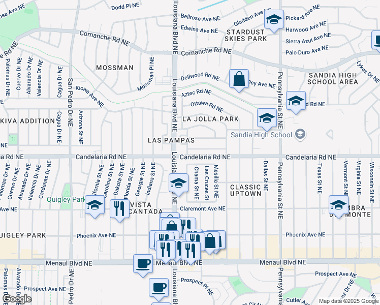 map of restaurants, bars, coffee shops, grocery stores, and more near 6900 Seminole Road Northeast in Albuquerque