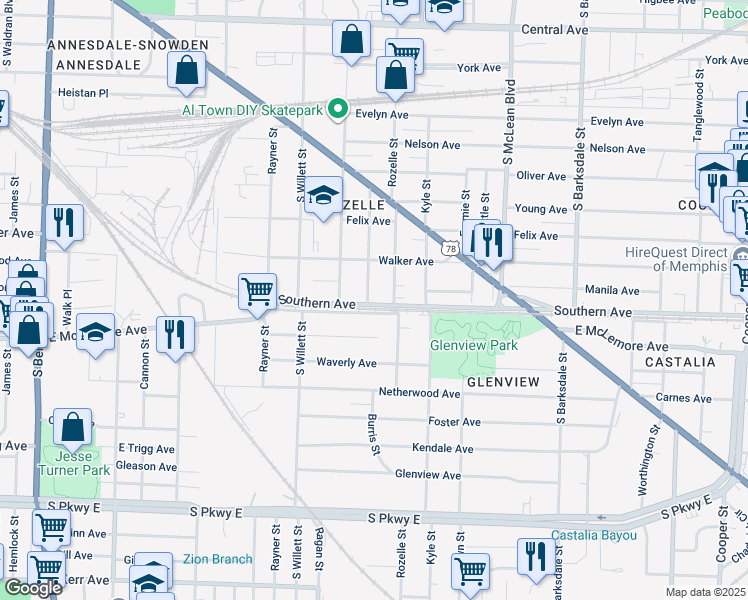 map of restaurants, bars, coffee shops, grocery stores, and more near 1070 Oakview Street in Memphis