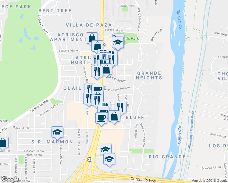 map of restaurants, bars, coffee shops, grocery stores, and more near 2425 Corona Drive Northwest in Albuquerque