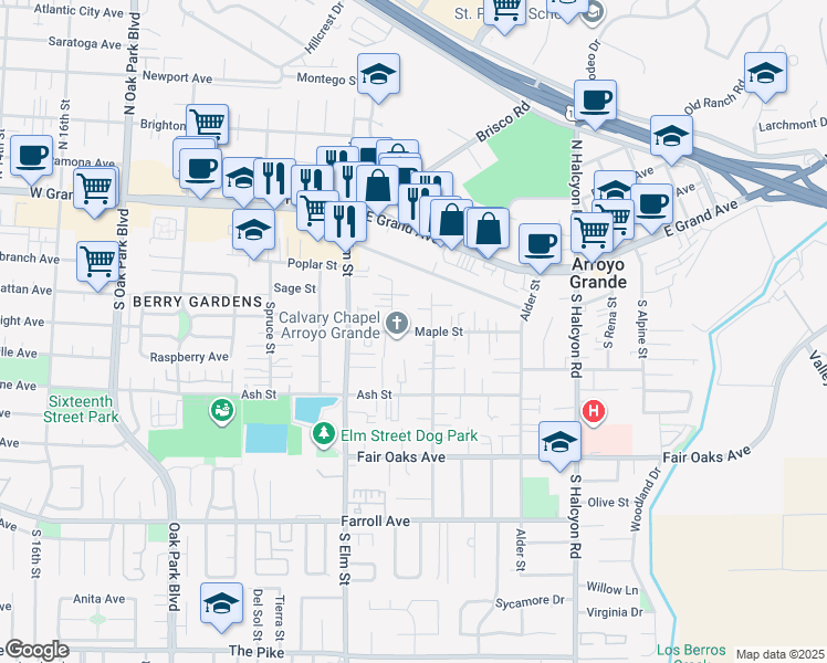 map of restaurants, bars, coffee shops, grocery stores, and more near 1133 Maple Street in Arroyo Grande