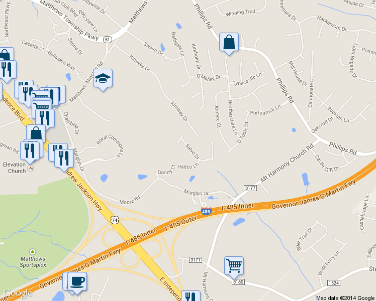 map of restaurants, bars, coffee shops, grocery stores, and more near 13309 Salvo Drive in Matthews