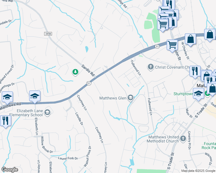 map of restaurants, bars, coffee shops, grocery stores, and more near 207 Lakenheath Lane in Matthews