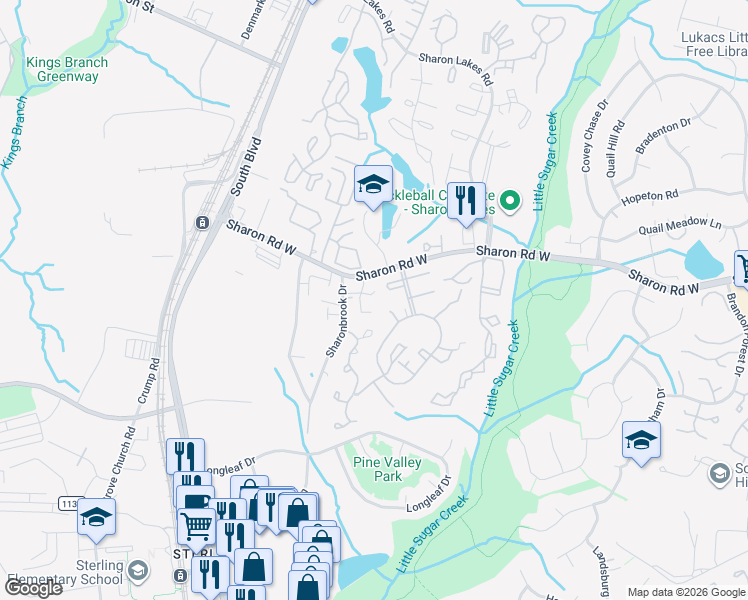 map of restaurants, bars, coffee shops, grocery stores, and more near 8070 Knights Bridge Road in Charlotte