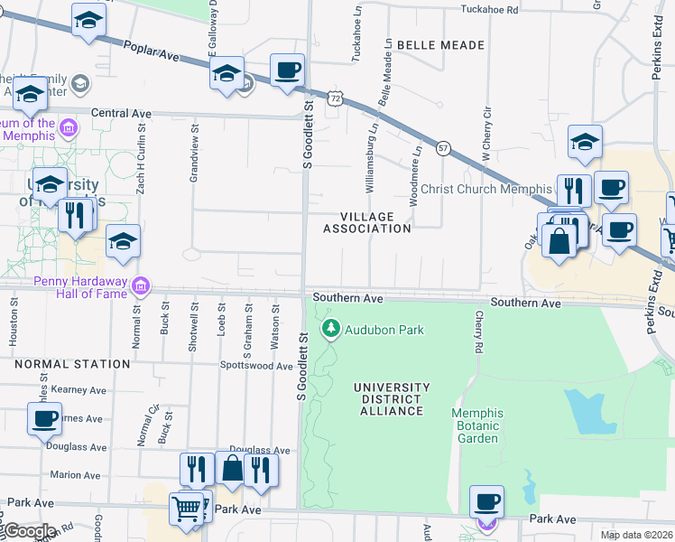 map of restaurants, bars, coffee shops, grocery stores, and more near 4116 Village Road in Memphis