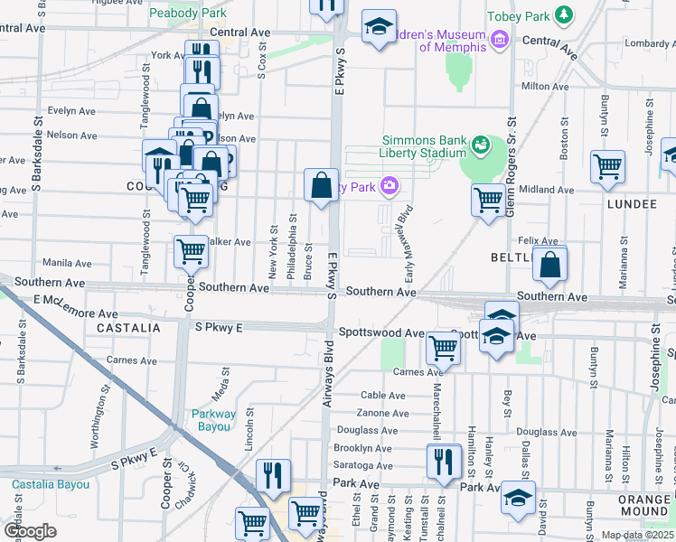 map of restaurants, bars, coffee shops, grocery stores, and more near 2358-2432 Southern Avenue in Memphis