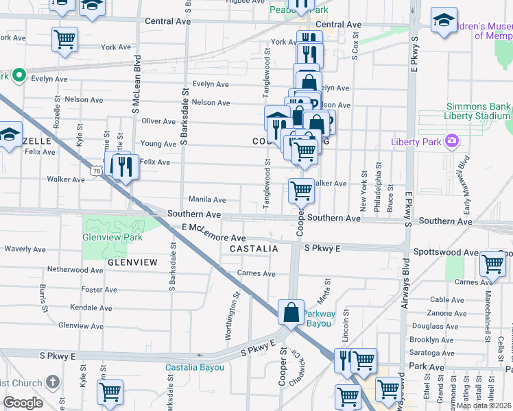 map of restaurants, bars, coffee shops, grocery stores, and more near 2046 Southern Avenue in Memphis
