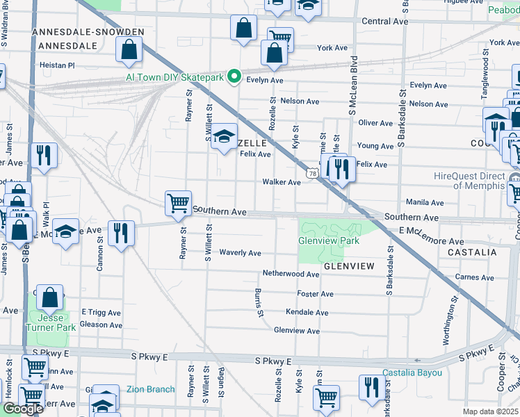 map of restaurants, bars, coffee shops, grocery stores, and more near 1068 Oakview Street in Memphis
