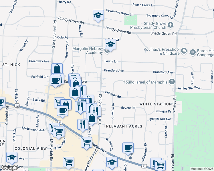 map of restaurants, bars, coffee shops, grocery stores, and more near 5229 Lexington Park Circle North in Memphis
