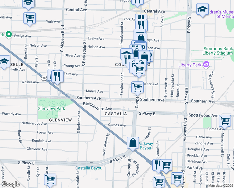 map of restaurants, bars, coffee shops, grocery stores, and more near 2046 Southern Avenue in Memphis