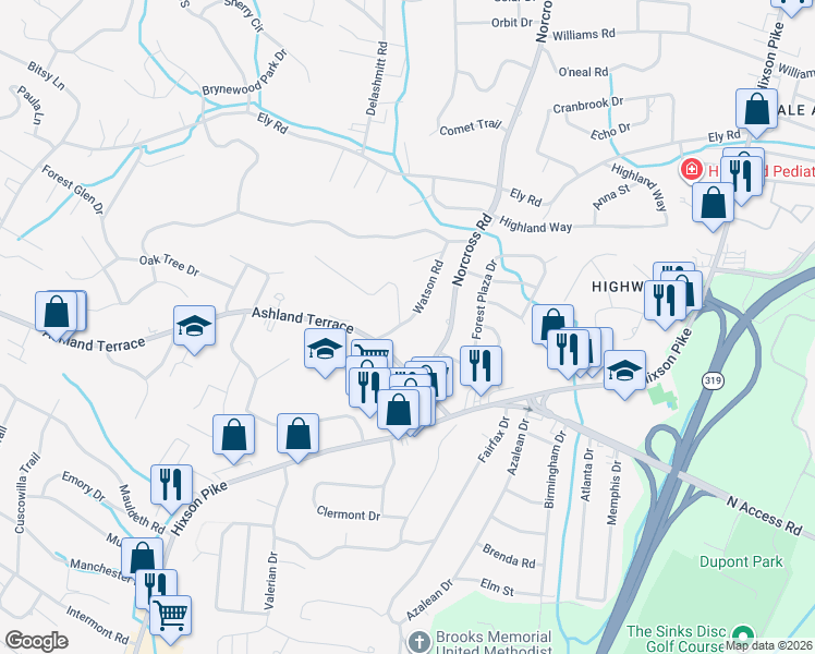 map of restaurants, bars, coffee shops, grocery stores, and more near 1343 Highland Way in Chattanooga