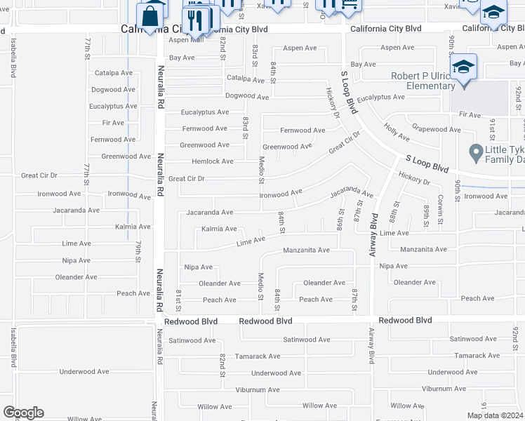 map of restaurants, bars, coffee shops, grocery stores, and more near Jacaranda Avenue in California City