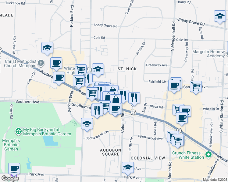 map of restaurants, bars, coffee shops, grocery stores, and more near 4791 Kingsgate Place South in Memphis