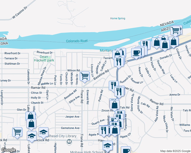 map of restaurants, bars, coffee shops, grocery stores, and more near 1331 Baseline Road in Bullhead City