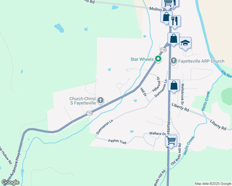 map of restaurants, bars, coffee shops, grocery stores, and more near 61 Ardmore Highway in Fayetteville