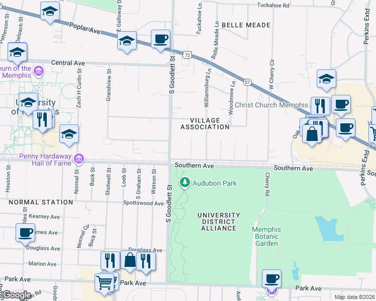 map of restaurants, bars, coffee shops, grocery stores, and more near 4116 Village Road in Memphis