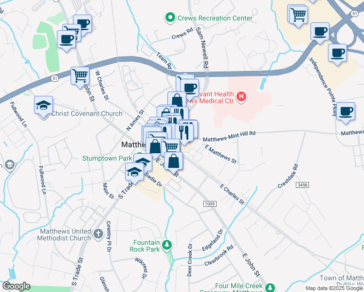 map of restaurants, bars, coffee shops, grocery stores, and more near 130 Matthews Station Street in Matthews