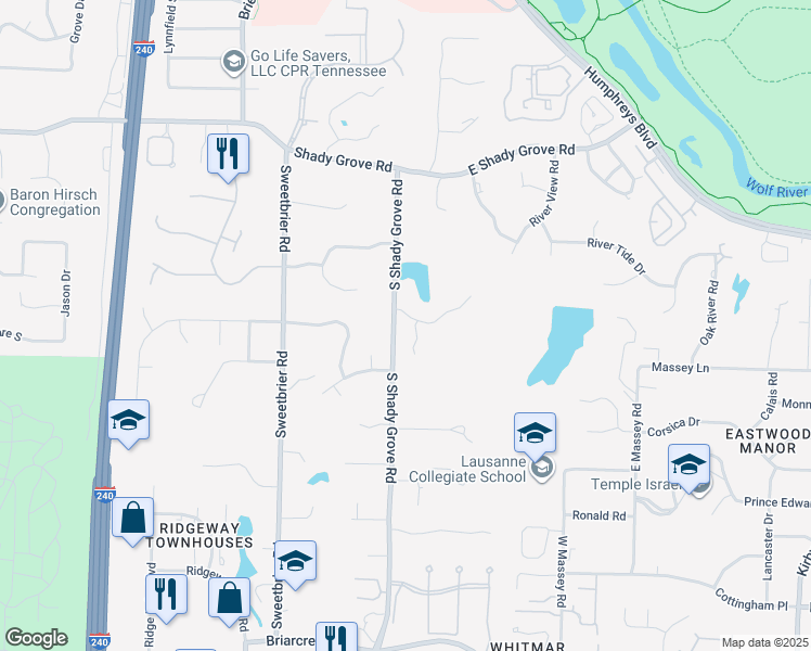 map of restaurants, bars, coffee shops, grocery stores, and more near 825 Chartwell Lane in Memphis