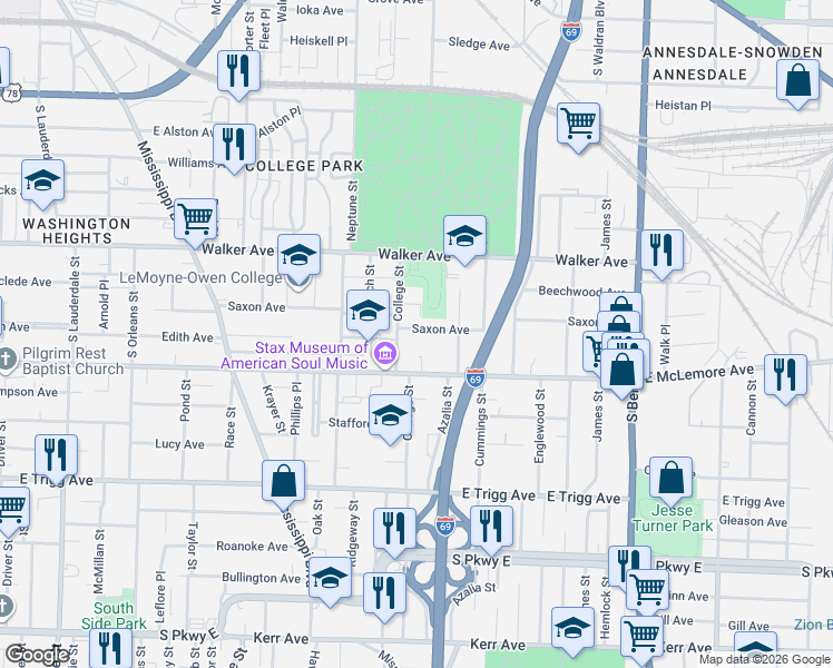 map of restaurants, bars, coffee shops, grocery stores, and more near 965 Saxon Avenue in Memphis