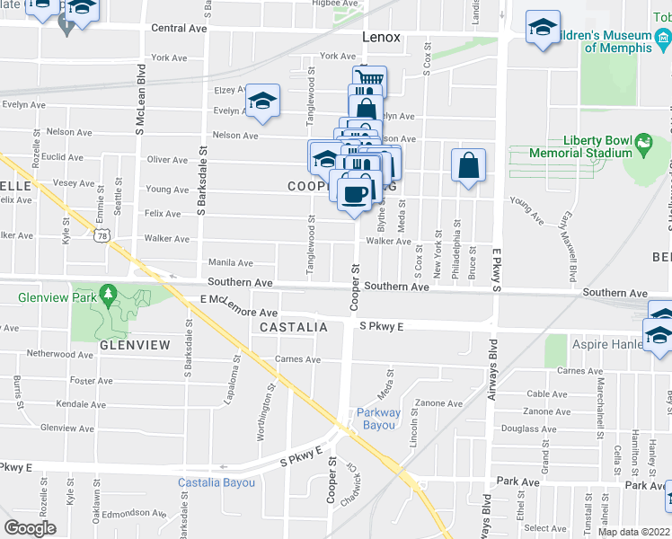 map of restaurants, bars, coffee shops, grocery stores, and more near 1060 Fleece Place in Memphis