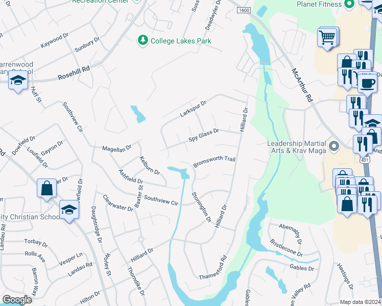 map of restaurants, bars, coffee shops, grocery stores, and more near 3942 Watling Court in Fayetteville