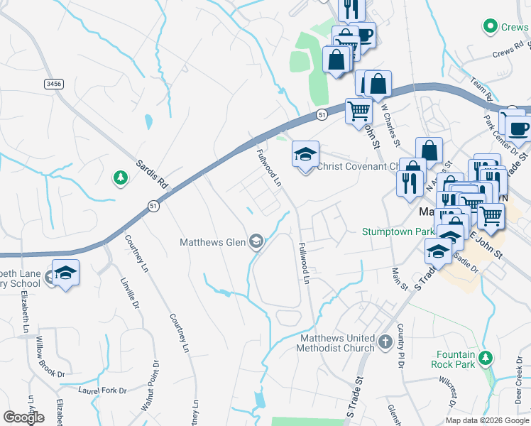 map of restaurants, bars, coffee shops, grocery stores, and more near 1025 Greenbridge Drive in Matthews