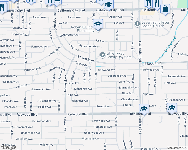 map of restaurants, bars, coffee shops, grocery stores, and more near 20349 90th Street in California City