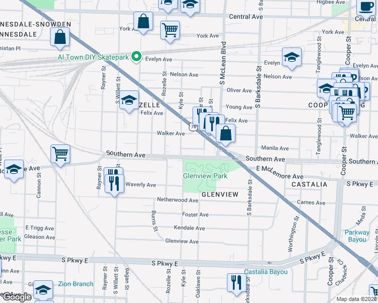 map of restaurants, bars, coffee shops, grocery stores, and more near 1729 Holman Place in Memphis