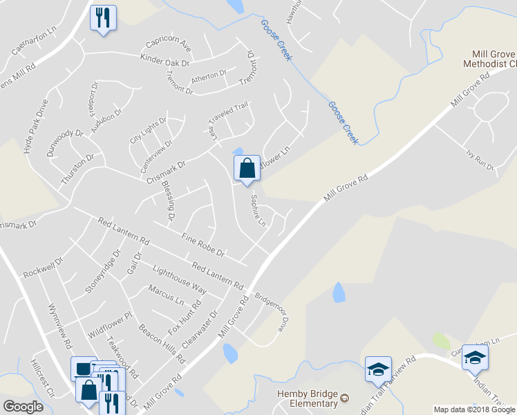 map of restaurants, bars, coffee shops, grocery stores, and more near 3016 Saphire Lane in Indian Trail