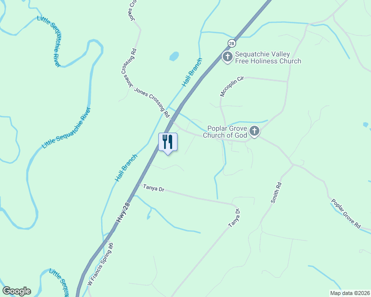 map of restaurants, bars, coffee shops, grocery stores, and more near 230 West Francis Spring Road in Whitwell