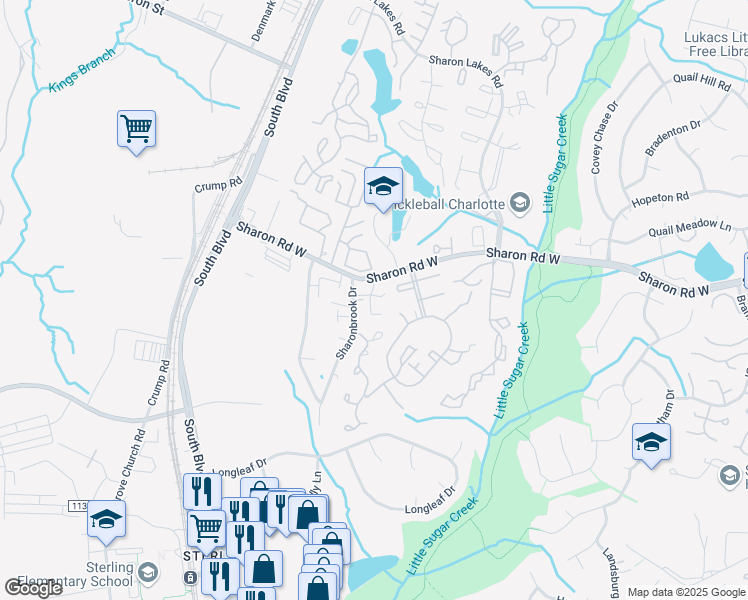 map of restaurants, bars, coffee shops, grocery stores, and more near 9112 Sharonbrook Drive in Charlotte