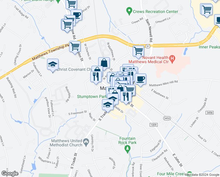 map of restaurants, bars, coffee shops, grocery stores, and more near 100 South Freemont Street in Matthews