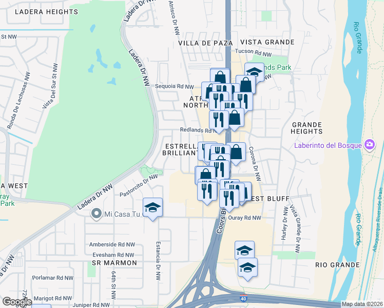 map of restaurants, bars, coffee shops, grocery stores, and more near 2848 Quail Pointe Drive Northwest in Albuquerque