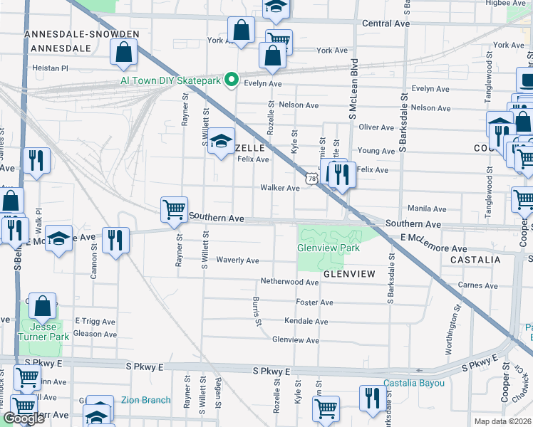 map of restaurants, bars, coffee shops, grocery stores, and more near 1070 Rozelle Street in Memphis