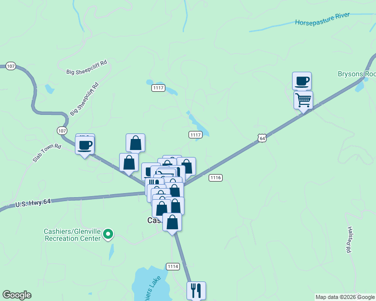 map of restaurants, bars, coffee shops, grocery stores, and more near State Road 1117 in Cashiers