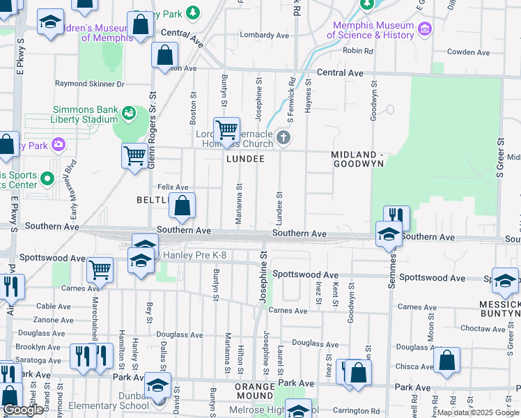 map of restaurants, bars, coffee shops, grocery stores, and more near 560 Josephine Street in Memphis