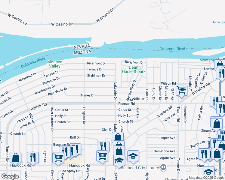 map of restaurants, bars, coffee shops, grocery stores, and more near 991 Turney Dr in Bullhead City