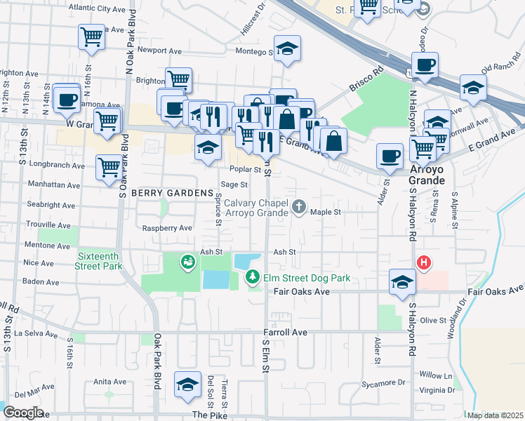 map of restaurants, bars, coffee shops, grocery stores, and more near 201 Aspen Street in Arroyo Grande