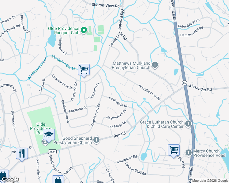 map of restaurants, bars, coffee shops, grocery stores, and more near 6708 Rugby Lane in Charlotte