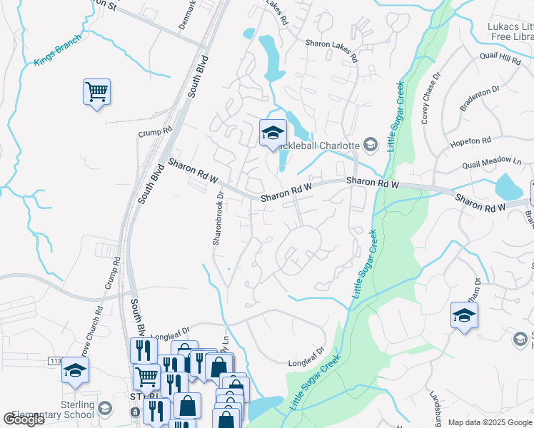 map of restaurants, bars, coffee shops, grocery stores, and more near 9112 Sharonbrook Drive in Charlotte