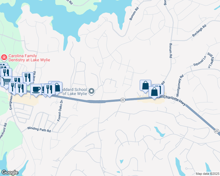 map of restaurants, bars, coffee shops, grocery stores, and more near 11 Hamiltons Bay Court in Lake Wylie