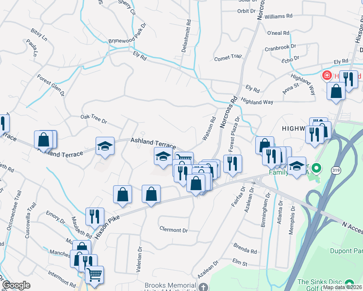 map of restaurants, bars, coffee shops, grocery stores, and more near 1360 Highland Road in Chattanooga