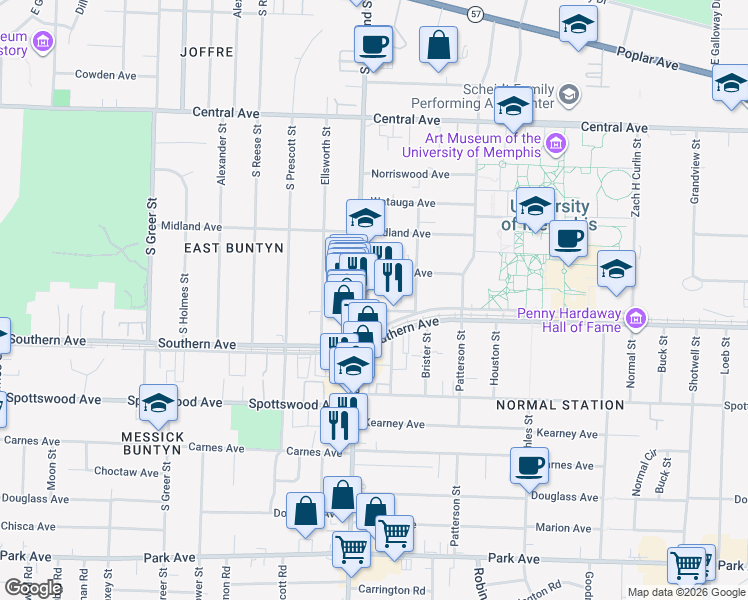 map of restaurants, bars, coffee shops, grocery stores, and more near 3538 Walker Avenue in Memphis