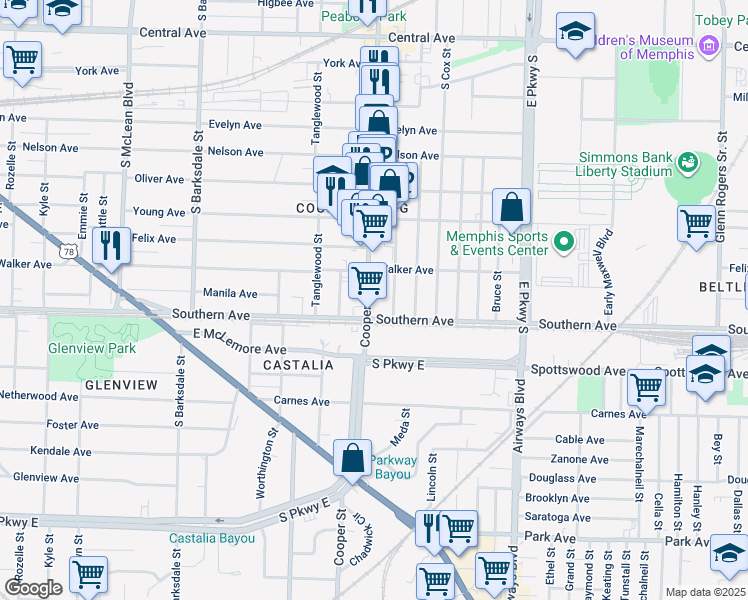 map of restaurants, bars, coffee shops, grocery stores, and more near 1068 Cooper Street in Memphis