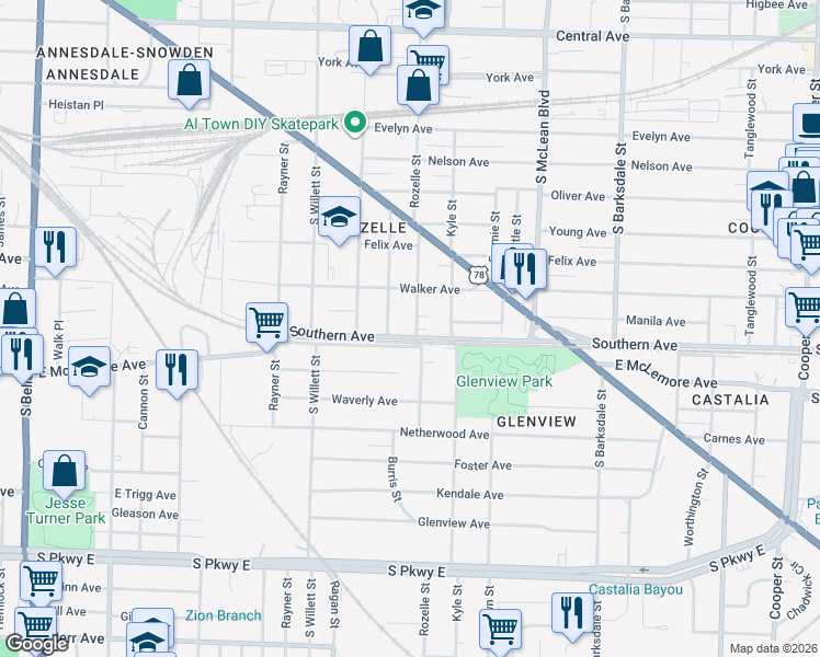 map of restaurants, bars, coffee shops, grocery stores, and more near 1070 Rozelle Street in Memphis